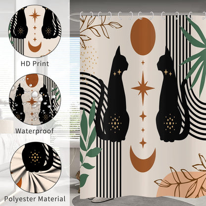 Boho Shower Curtain 180x180, Hnmdmyi Mid Century Abstract Black Cat Leaf Moon Star Beige Bathroom Curtains Modern Terracotta Aesthetic Art Waterproof
