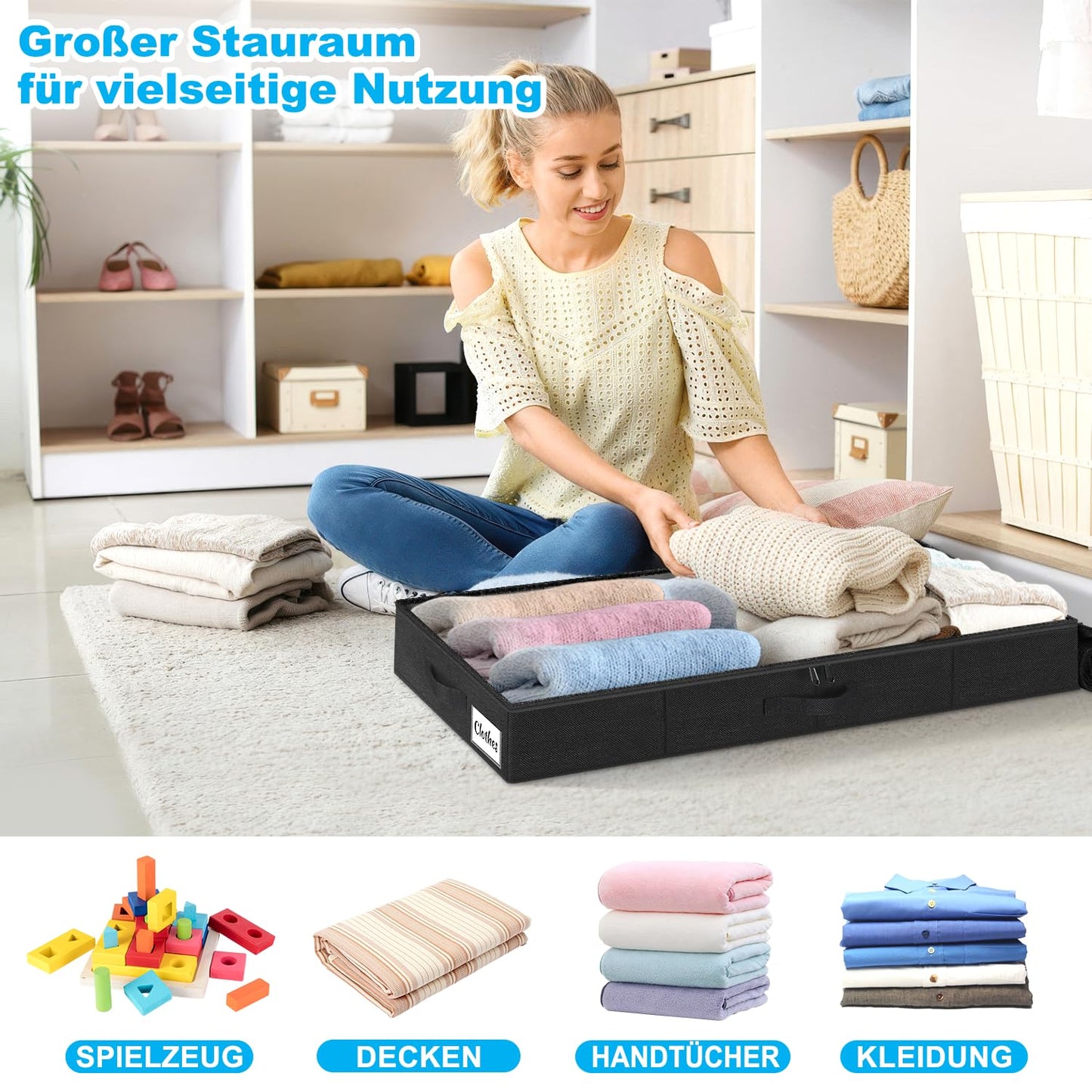 Kukikan Underbed Storage Box Set of 2 - Flat, 11.5 cm Slim Low Profile Underbed Clothes Storage Organiser for Dorm & Home