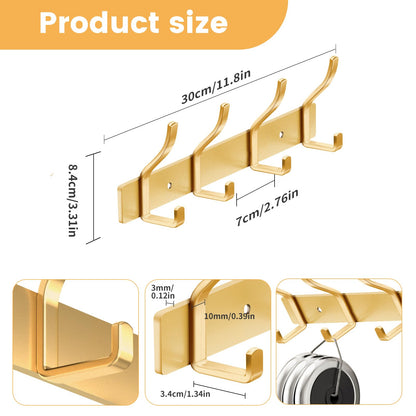 MEIJO Coat Hooks Wall Mounted Stainless Steel, Gold Coat Rack Wall Mounted with 4 Hooks Heavy Duty Coat Hooks for Door, Bathroom, Bedroom, Kitchen