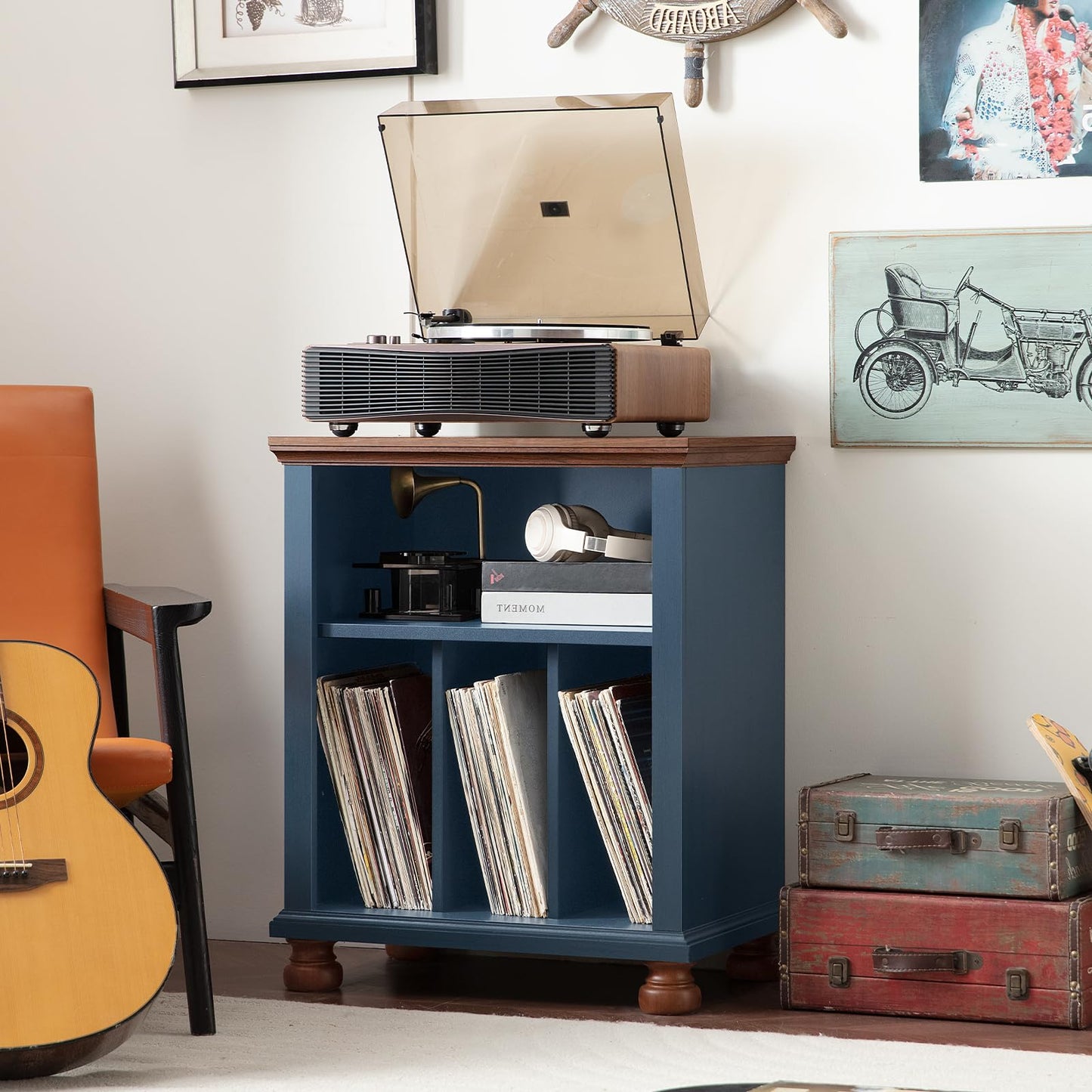 LELELINKY Large Record Player Stand with Vinyl Record Storage, 24" Wide Wood Turntable Stand, Mid-Century Record Player Table Up to 200 Albums
