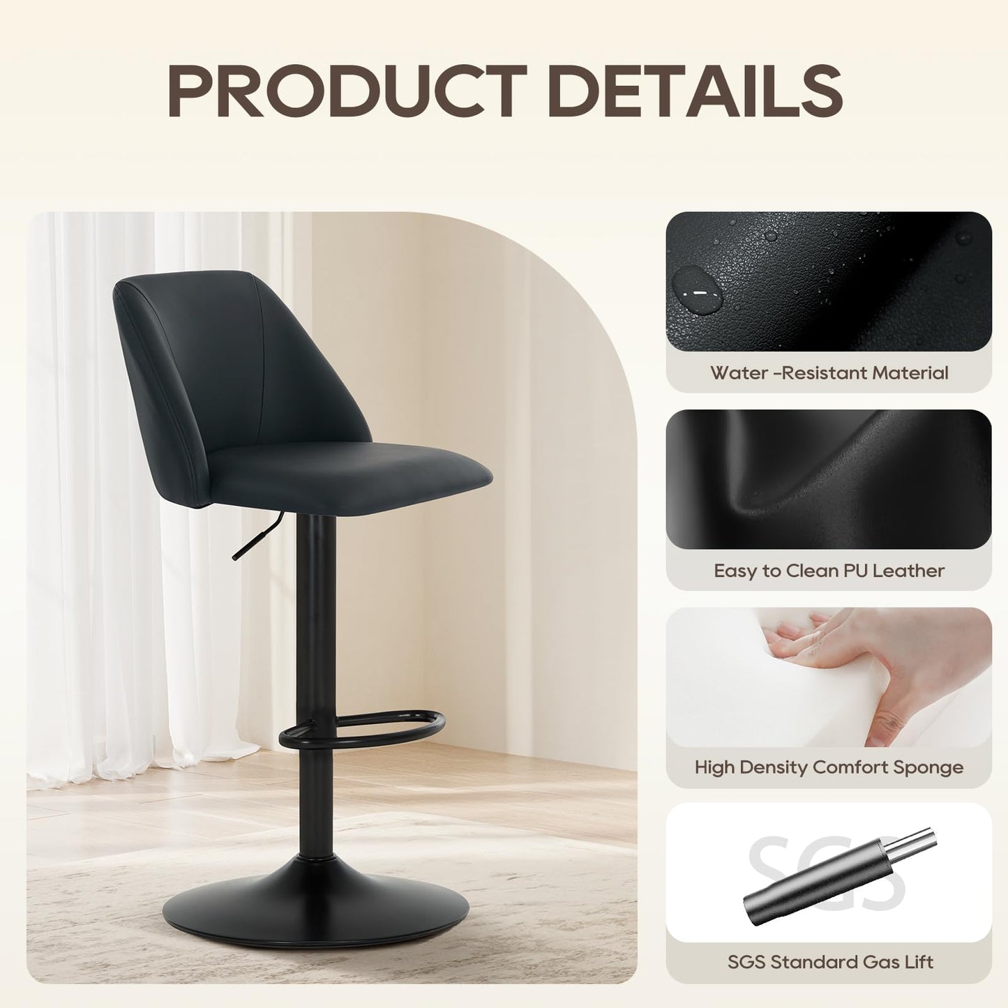 COLAMY Breakfast Bar Stools Set of 4, Modern Swivel Kitchen Stool, Adjustable Upholstered Barstools Counter Height with Square Open Back for Bar
