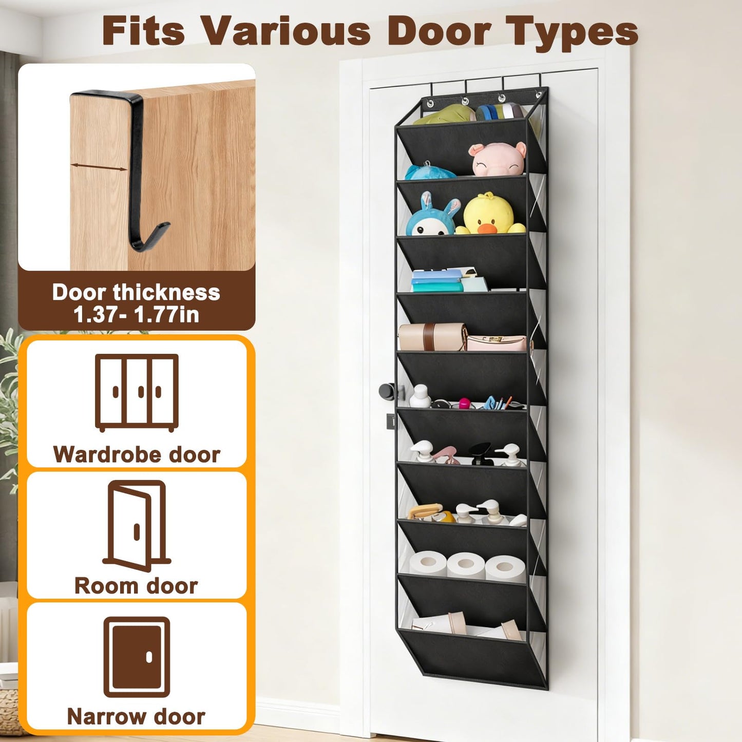Over Door Shoe Storage with Deep Pockets & 4 Sturdy Metal Hooks, 10 Layers Hanging Boots Organiser, Overdoor Narrow Sneakers Holder