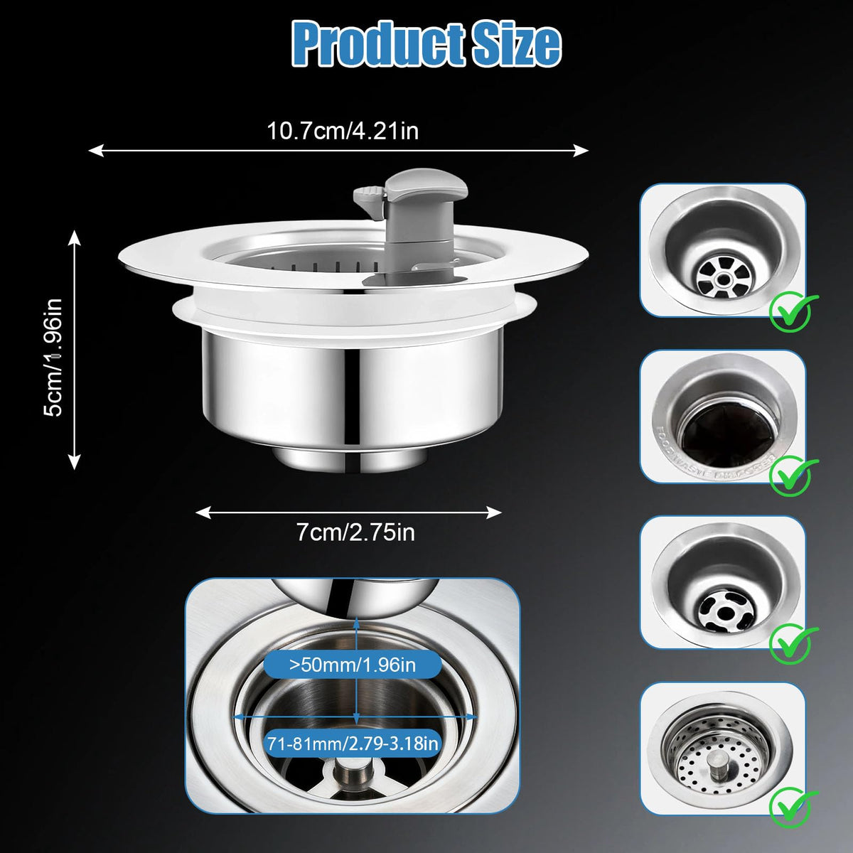 OneNine 3-in-1 Kitchen Sink Drain Strainer – Stainless Steel Sink Plug with Handle, Universal 71-81mm Sink Strainer Replacement