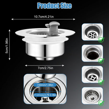 OneNine 3-in-1 Kitchen Sink Drain Strainer – Stainless Steel Sink Plug with Handle, Universal 71-81mm Sink Strainer Replacement