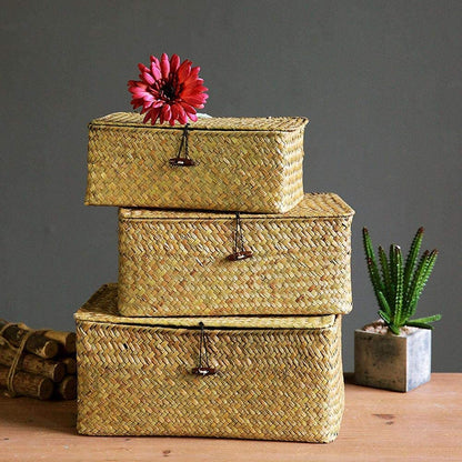 YSGLIFE Set of 3 Rectangular Storage Shelf Basket with Lid Seagrass Rattan Woven Multipurpose Organizer Boxes for Clothes, Makeup