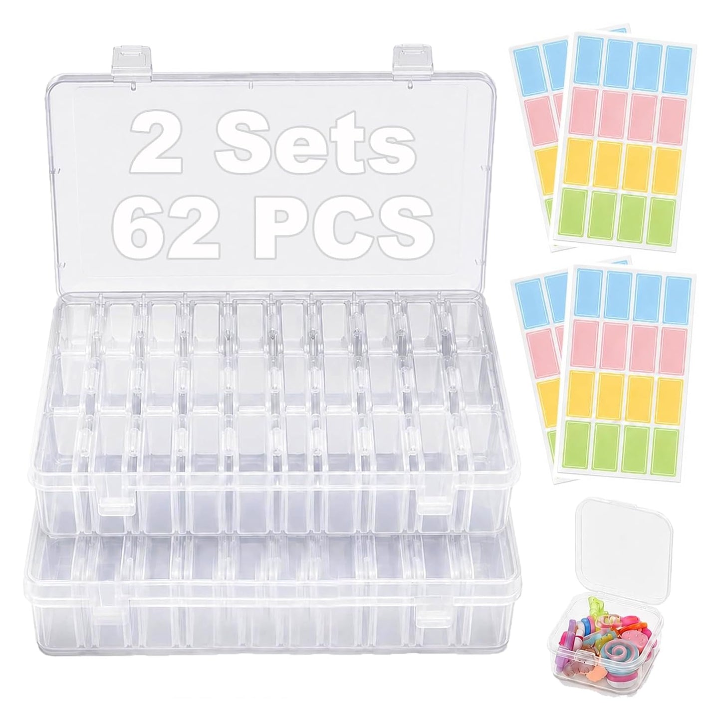 62PCS Bead Storage Box Small Bead Organiser Storage Box Flip Top Lids