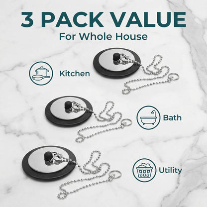 3 Pcs Bath Plug with 40cm Stainless Steel Chain, Universal, 42mm to 45mm, Sink Plug Replacement for Bathroom, Kitchen, Bathtub, Rubber Drain Stopper