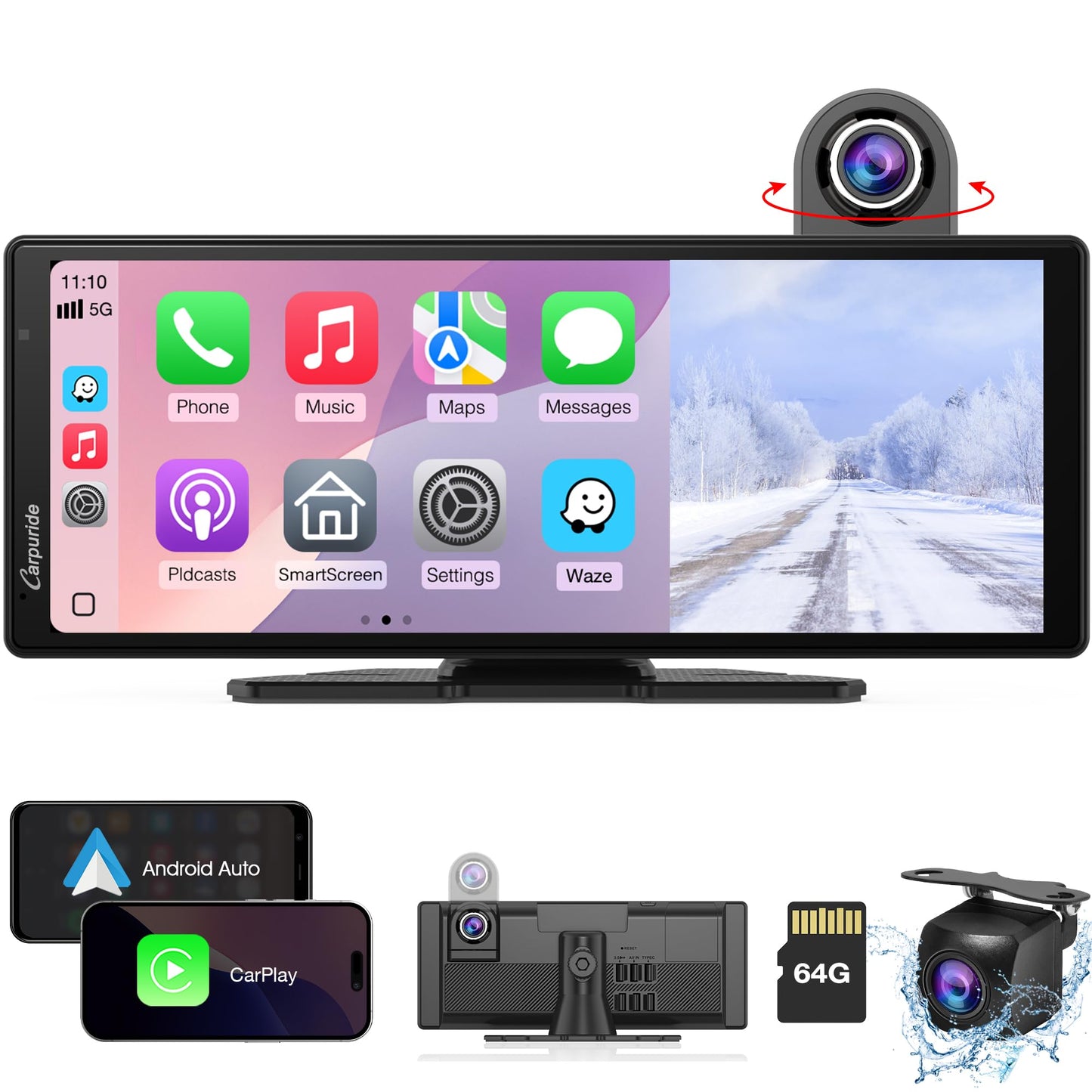 Carpuride Wireless Carplay & Android Auto with Dash Cam - 10.26" HD IPS Touch Car Play Screen for Car, 4K Front & 1080P Rear Camera, Loop Recording,