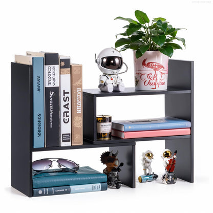 Dyserbuy Desk Shelf, Adjustable Desktop Bookshelf, Small Book Shelf, Desk Book Storage, Wooden Desktop Organiser for Office, Home, Study, Black