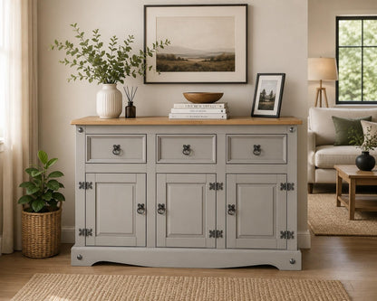 Corona Grey Sideboard 3 Door 3 Drawer Large Solid Mexican Pine Wooden Cabinet with Gunmetal Hardware W 125 cm x D 40 cm x H 76 cm