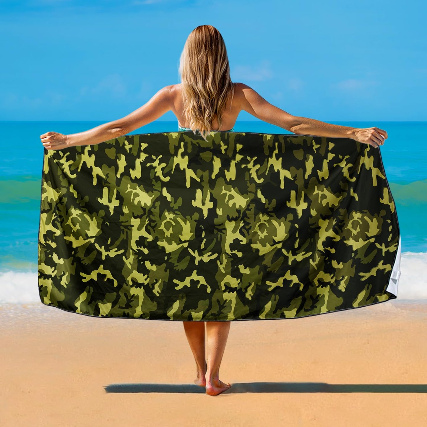 Violetpos Green Jungle Camouflage Beach Towel, Extra Large 180x90 cm 250GSM Microfibre, Sand Free Quick Dry