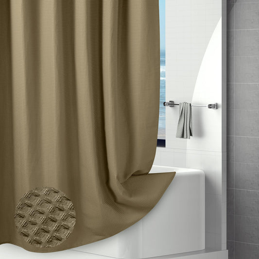 Hotel-Quality Tan Waffle Shower Curtain, Water Repellent Bath Curtain Prevents Water Escaping, 256GSM Thick Heavy Duty Fabric Texture Wet Room Shower