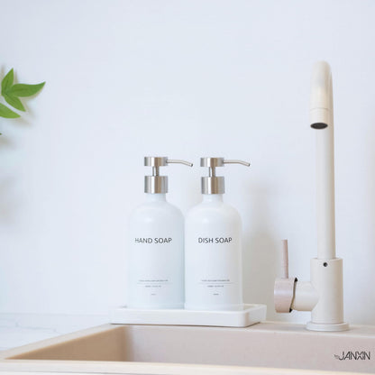 Janxin 2pcs Refillable Liquid Hand Jar Dispenser for Bathroom, Glass Soap Dispenser Bottle with Pump, 500ML, With Ceramic Tray