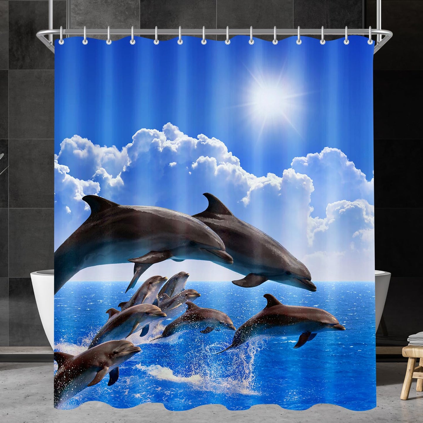 Lerores Dolphin Shower Curtain, Weighted Hem, Anti-Mould Textile, Water-Repellent, Washable Polyester Fabric Bath Curtains with 8 Eyelets and Shower