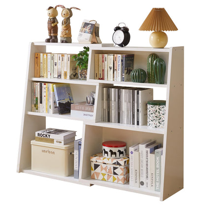 Aibiju Wooden Extendable Shelf Bookcase, Bookshelf, Storage Shelf with 6 Compartments, 3-Tier Ladder Low Short Bookshelf for Small Space or Corner