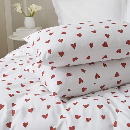 Ruccit Red Heart Duvet Cover Set Double 100% Cotton White Duvet Cover Lovely Heart Pattern 3pcs Modern Bedding Set with Zipper Closure Corner