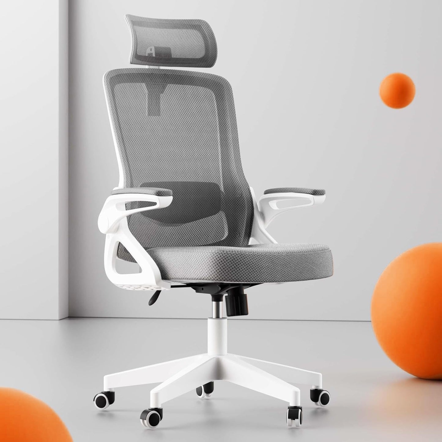 Ergonomic Office Chair, S-Shaped Mesh Desk Chairs, Adjustable Headrest & Lumbar Support, 90°Flip-Up Armrest