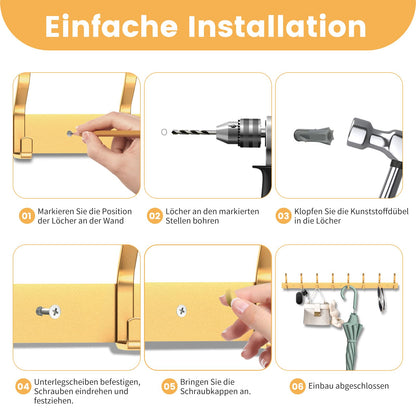 MEIJO Coat Hooks Wall Mounted Stainless Steel, Gold Coat Rack Wall Mounted with 8 Hooks Heavy Duty Coat Hooks for Door, Bathroom, Bedroom, Kitchen