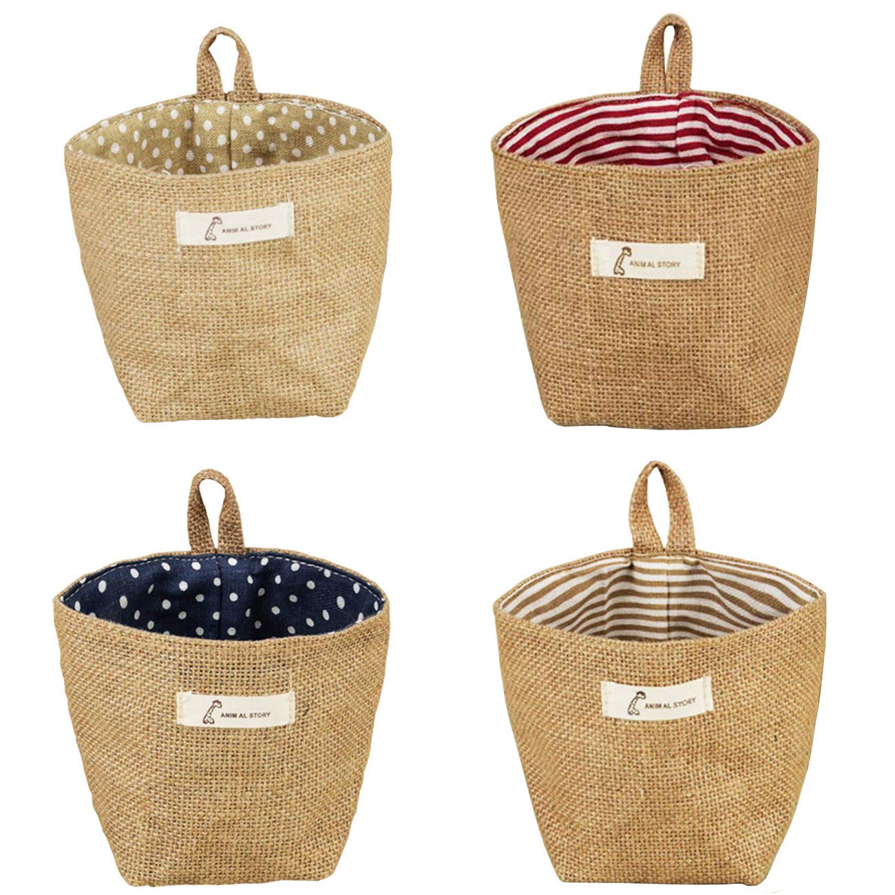 Feelfly 4 PCS Mini Hanging Storage Bags, Cotton Linen Small Storage Basket Wall Hanging Organizer Box Wall Mounted Storage Pocket Collapsible Decor