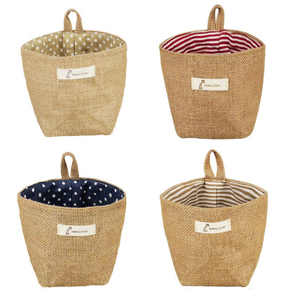 Feelfly 4 PCS Mini Hanging Storage Bags, Cotton Linen Small Storage Basket Wall Hanging Organizer Box Wall Mounted Storage Pocket Collapsible Decor