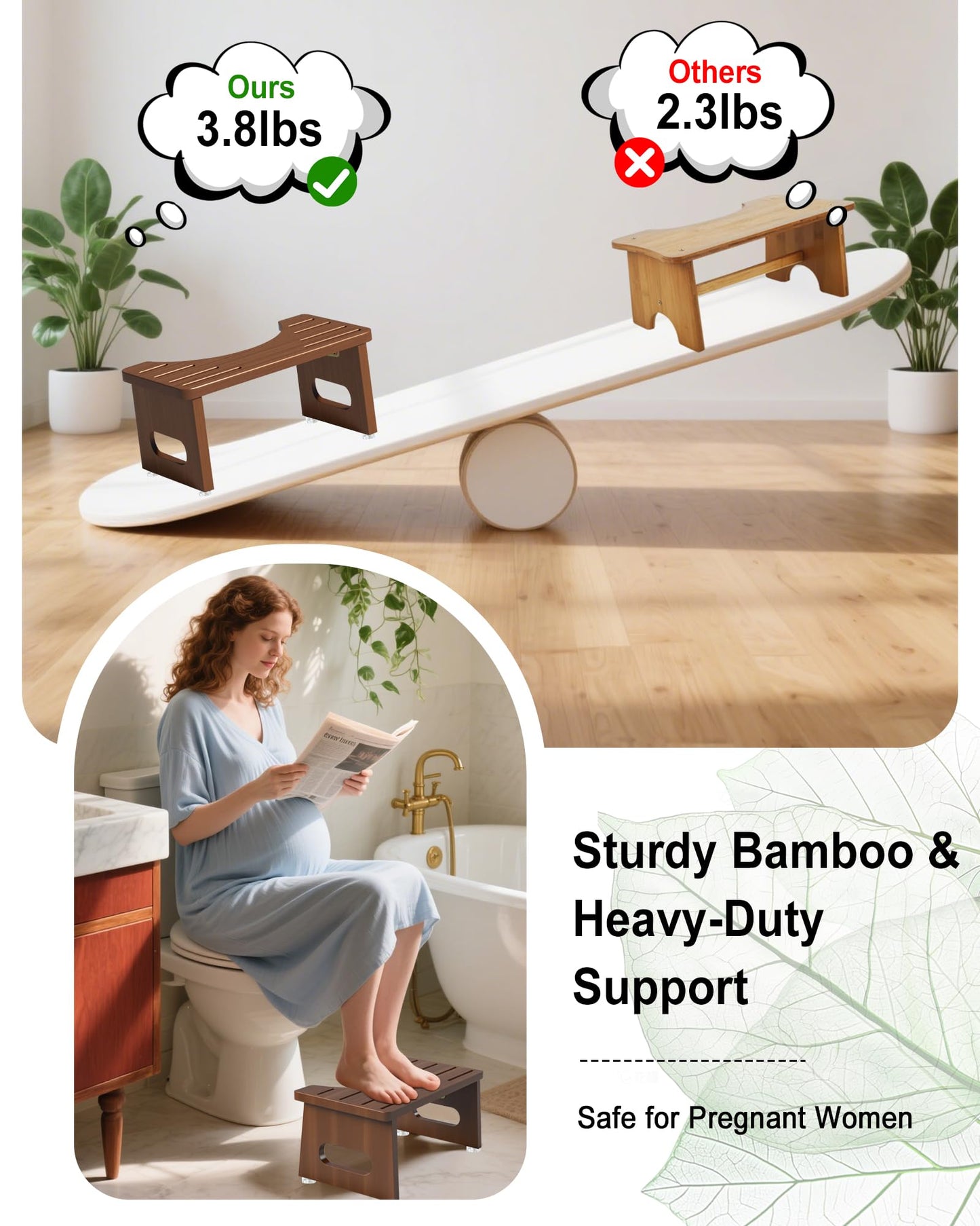 Foldable Toilet Stools, 17.8 CM Wooden Toilet Stool with Anti-Slip Feet, Space Saving, 35° Durable C Shaped Stool (Brown)