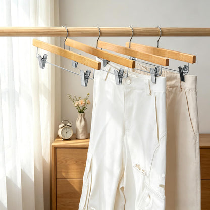 20pcs Wooden Trouser Hangers, 35cm Natural Skirt Coat Hangers with Clips