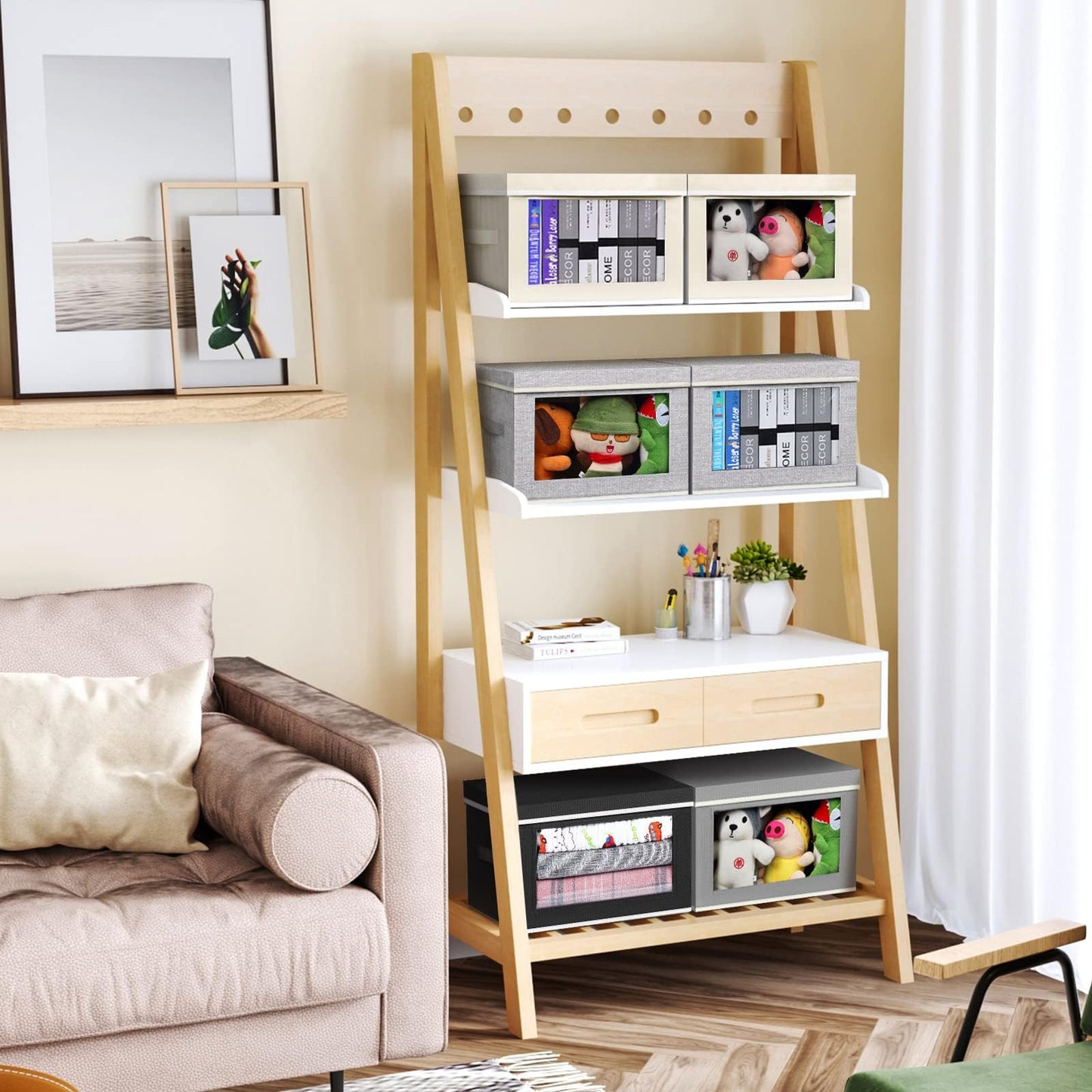 DIMJ 3 Pack Foldable Storage Boxes with Lids - Storage Bins with Clear Window, Fabric Storage Basket with Handle Wardrobe Organiser for Clothes, Toys
