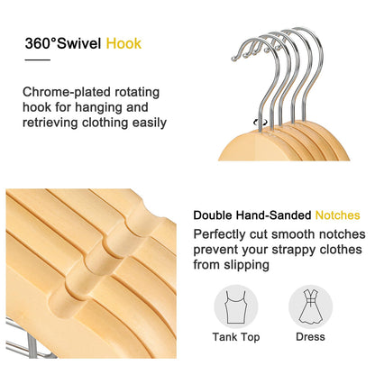 TOPIA HANGER Wooden Suit Hangers with Adjustable Metal Clips (20 Pack), Solid Smooth Wood Clothes Hangers, 360° Swivel Hook