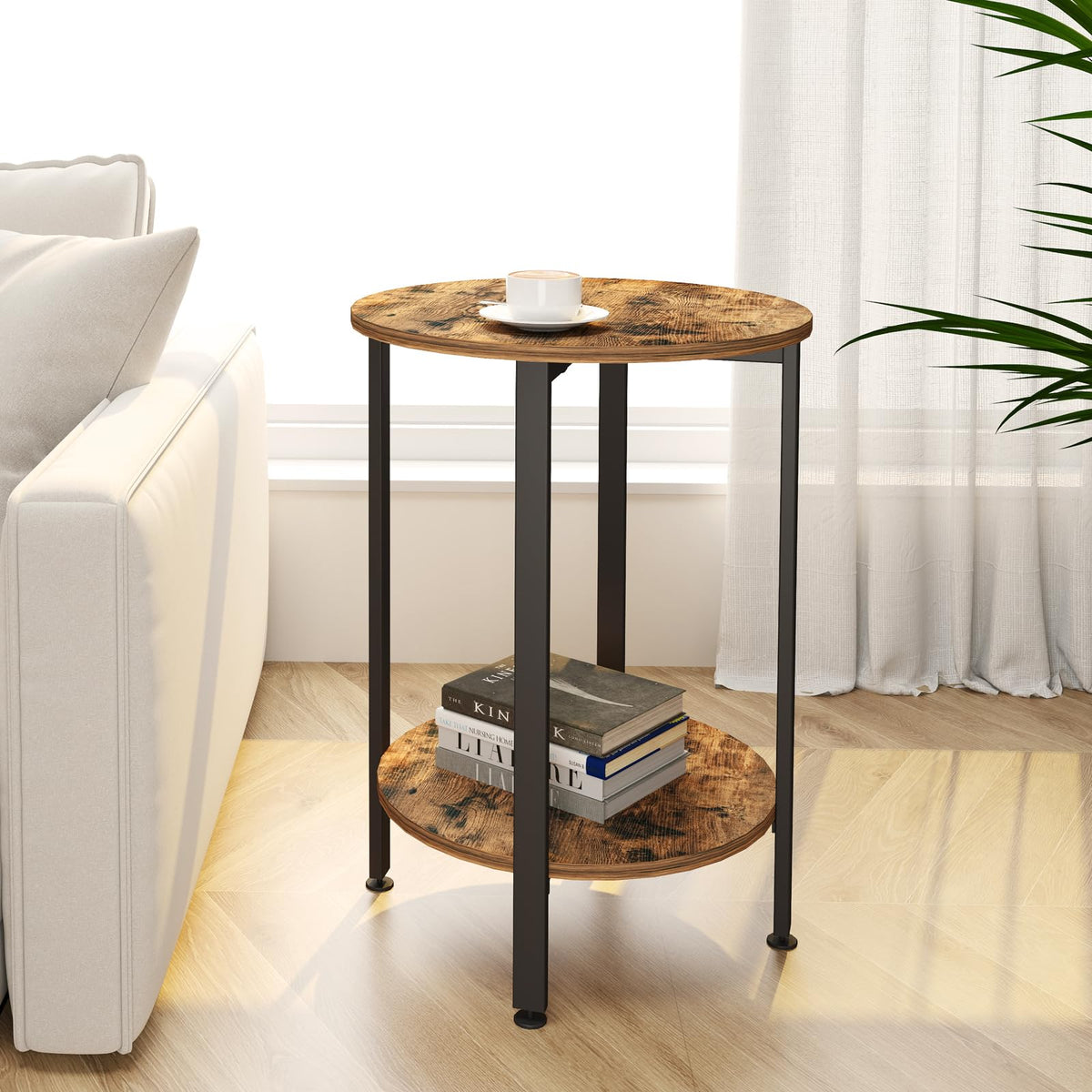 H JINHUI 2-Tier Round Side Table, Industrial End Table, Bedside Table, Sofa Table with Metal Frame, Coffee Table with Storage, for Living room