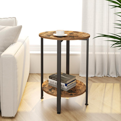 H JINHUI 2-Tier Round Side Table, Industrial End Table, Bedside Table, Sofa Table with Metal Frame, Coffee Table with Storage, for Living room