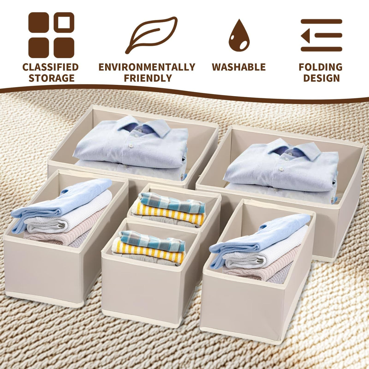 Clothes Drawer Folding Wardrobe Organisers 12-Piece Drawer Dividers(Khaki)