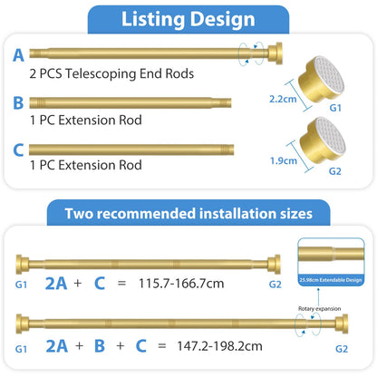 Gold Tension Rods for Curtains 113-197cm Shower Curtain Pole