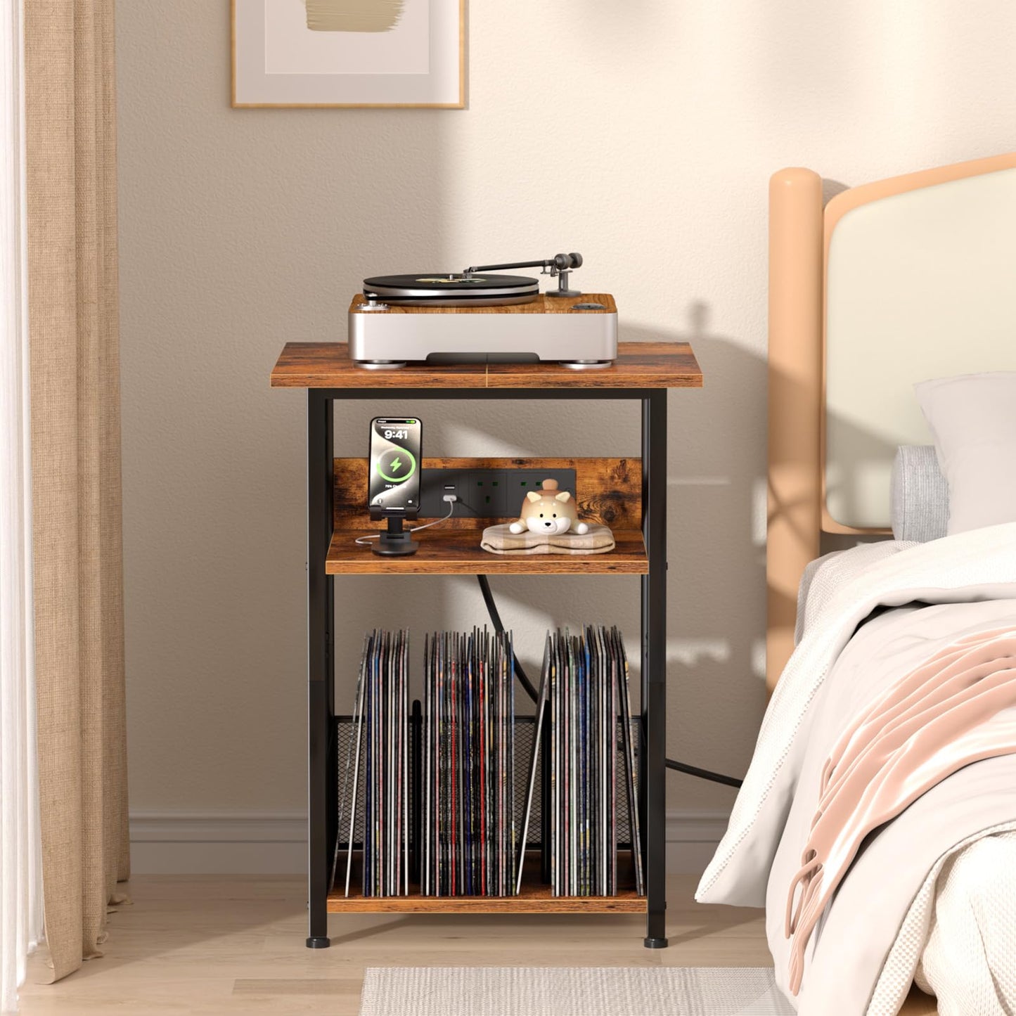 AMHANCIBLE Record Player Stand with Charging Station, Vinyl Record Storage