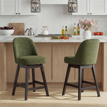 Bar Stools Set of 2, 360° Swivel Counter Stools with Upholstered Seat, Wooden Frame & Nailhead Trim