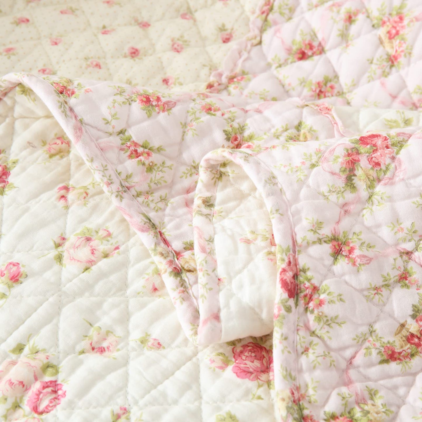 Qucover Single Bedspread Quilted Throw Soft 100% Cotton Pink Floral Patchwork Quilt 150x200 cm Decorative Sofa Couch Coverlet