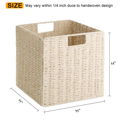 Vagusicc Wicker Storage Baskets, Set of 2 Hand-Woven Paper Rope Foldable Cube Bins Organizer, 11 Inch Square for Shelves Pantry Organizing Decor