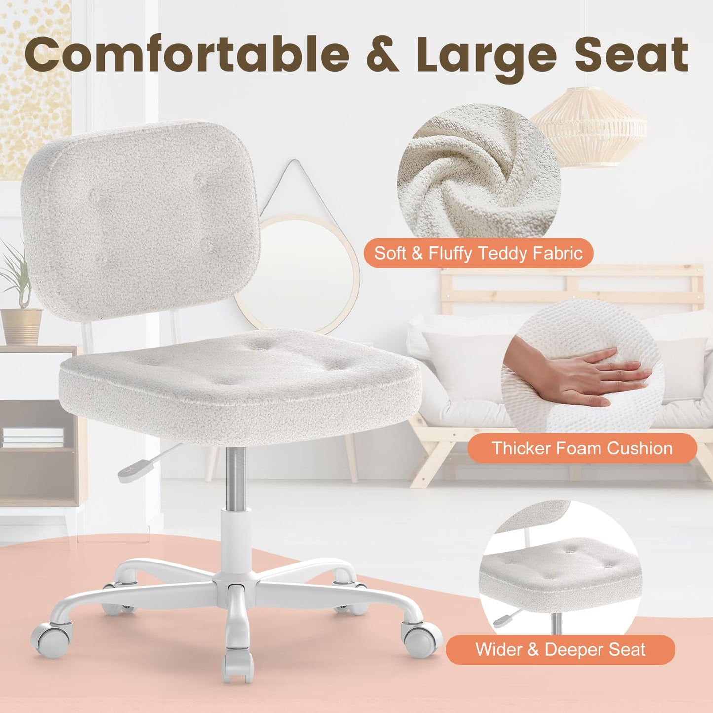 AnyGod Armless Desk Chair, Adjustable Swivel Task Seat, White Teddy-Fleece