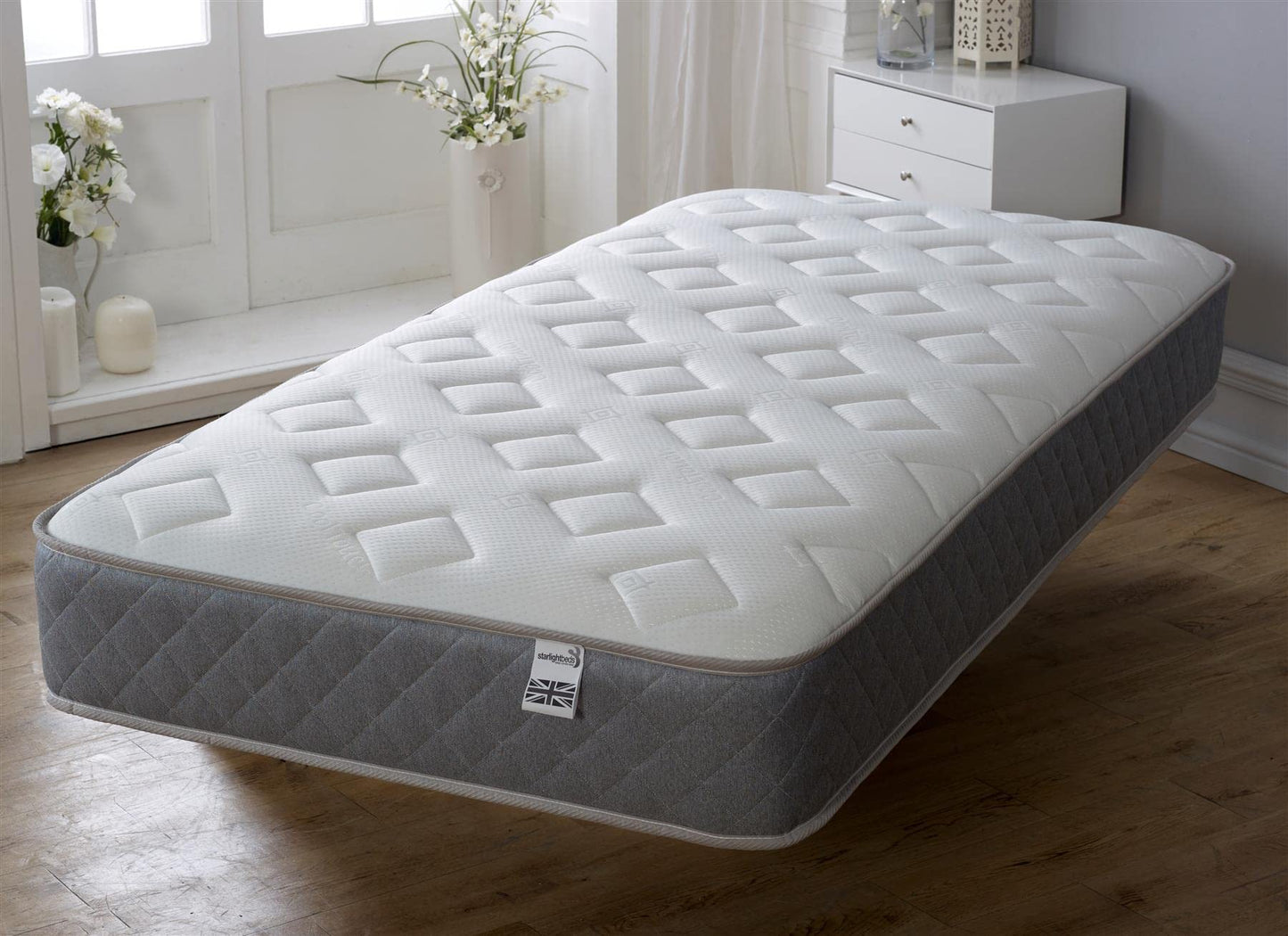 Starlight Beds Essentials Jump n Tac Single Memory Foam Mattress with Springs. 7.5 Inch Hybrid 3ft Budget Mattress. Soft, Grey Border (90 x 190 x 19