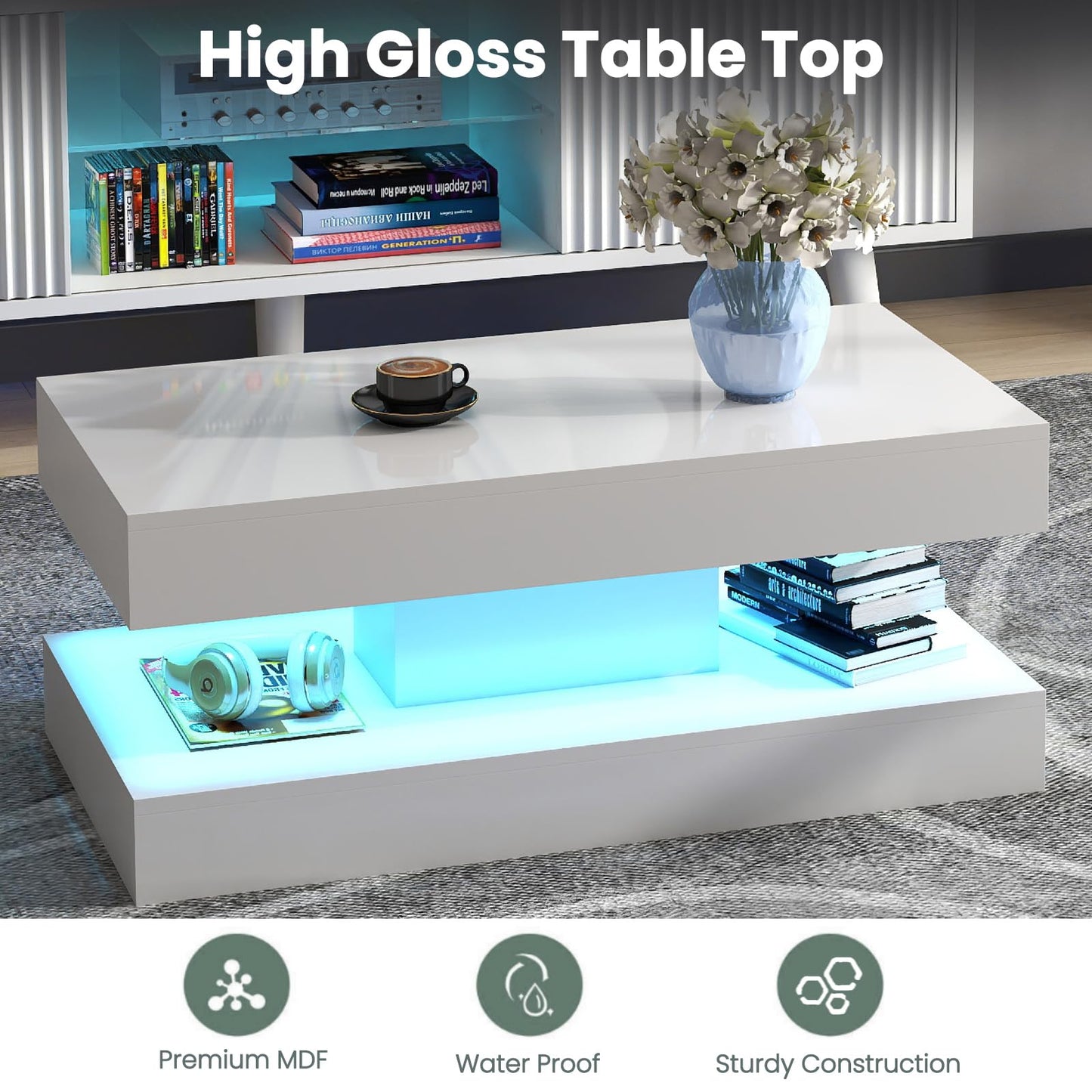 COSVALVE White Coffee Table Living Room Tables with LED Light, 2 Tier Centre Table High Gloss Modern Rectangle Tea Table for Home, Office