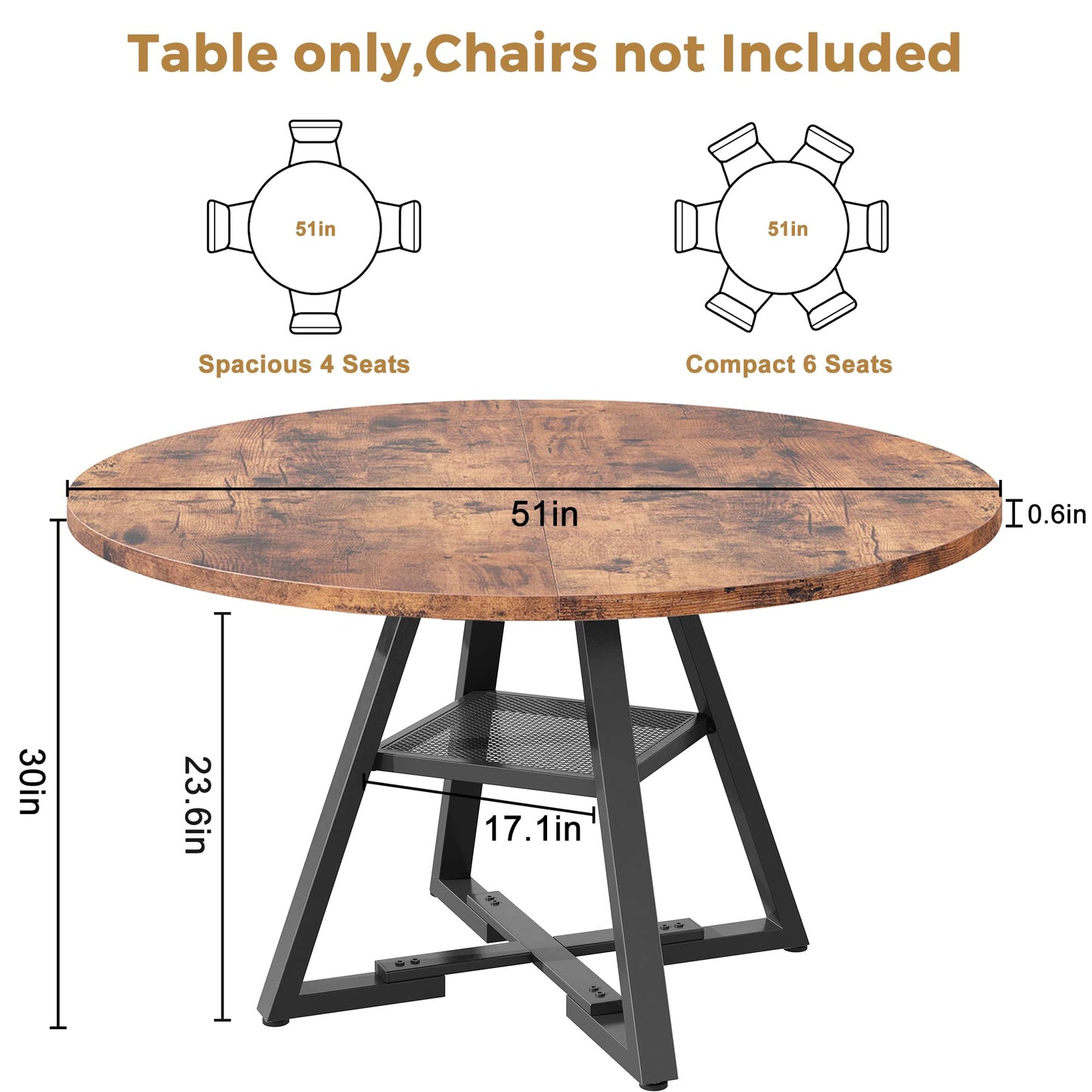 Jocoevol Round Dining Table for 4-6 People, Circle Dinner Table with Shelves, Space Saving Wood Kitchen & Dining Room Furniture (Vintage, 51 inch