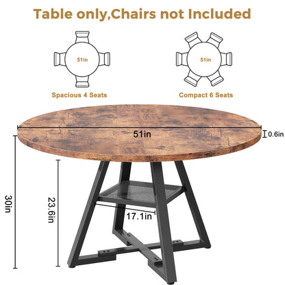 Jocoevol Round Dining Table for 4-6 People, Circle Dinner Table with Shelves, Space Saving Wood Kitchen & Dining Room Furniture (Vintage, 51 inch