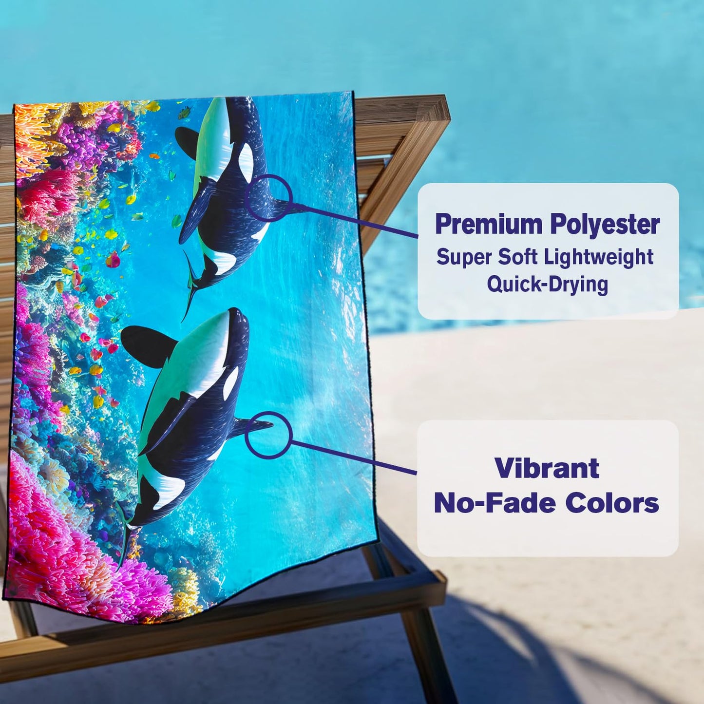 Violetpos Orca Coral Reef Beach Towe, Extra Large 180x90 cm 250GSM Microfibre, Sand Free Quick Dry