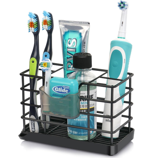 CHONLY Stainless Steel Toothbrush Holder, Detachable Drain Tray Electric Toothbrush Holder, Large Space Toothbrush Holders for Bathroom, Black