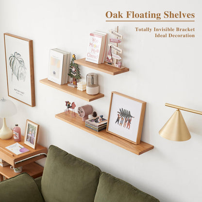 TREOAKWIS Wooden Floating Shelf, Oak Wall Shelf Rustic Floating Solid Wood Bookshelf Wall Mounted Display for Magazine Living Room Bathroom Bedroom
