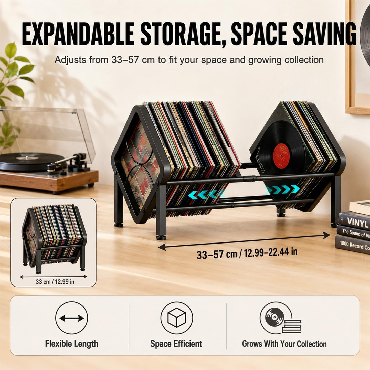 Fesatccoz Expandable Vinyl Record Storage Rack, Metal Desktop Display Shelf