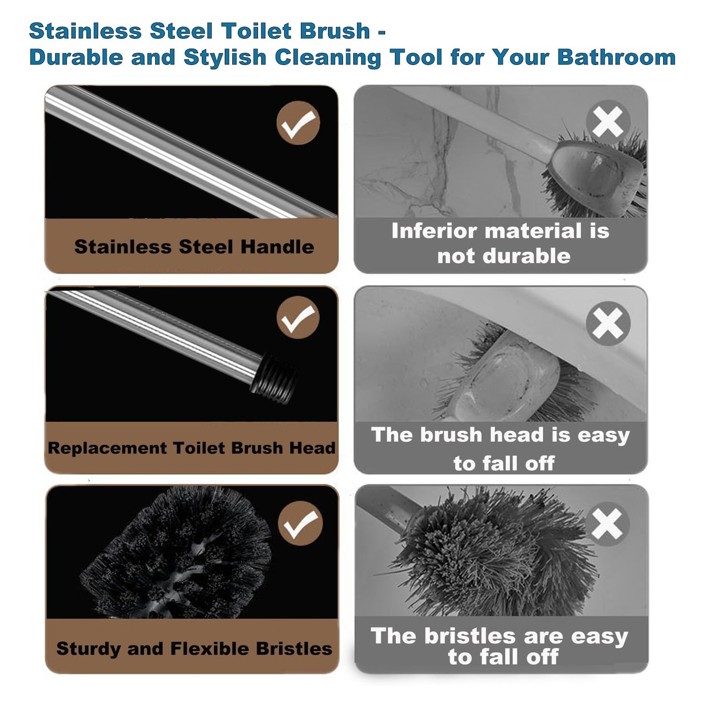 EINESIN Toilet Brush Replacement, Individually Changeable Brush with Strong Dense Bristles and Stainless Steel Handles, 8CM diameter