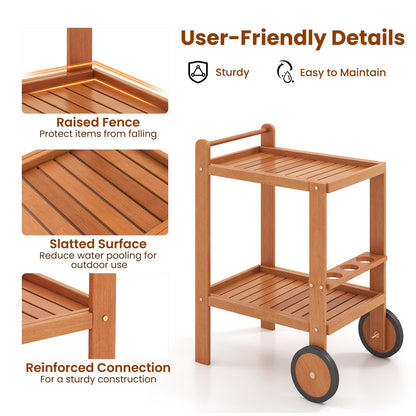 GiantexUK 2-Tier Serving Trolley, Wooden Bar Cart with Wine Bottle Holders, 2 Wheels & Handle