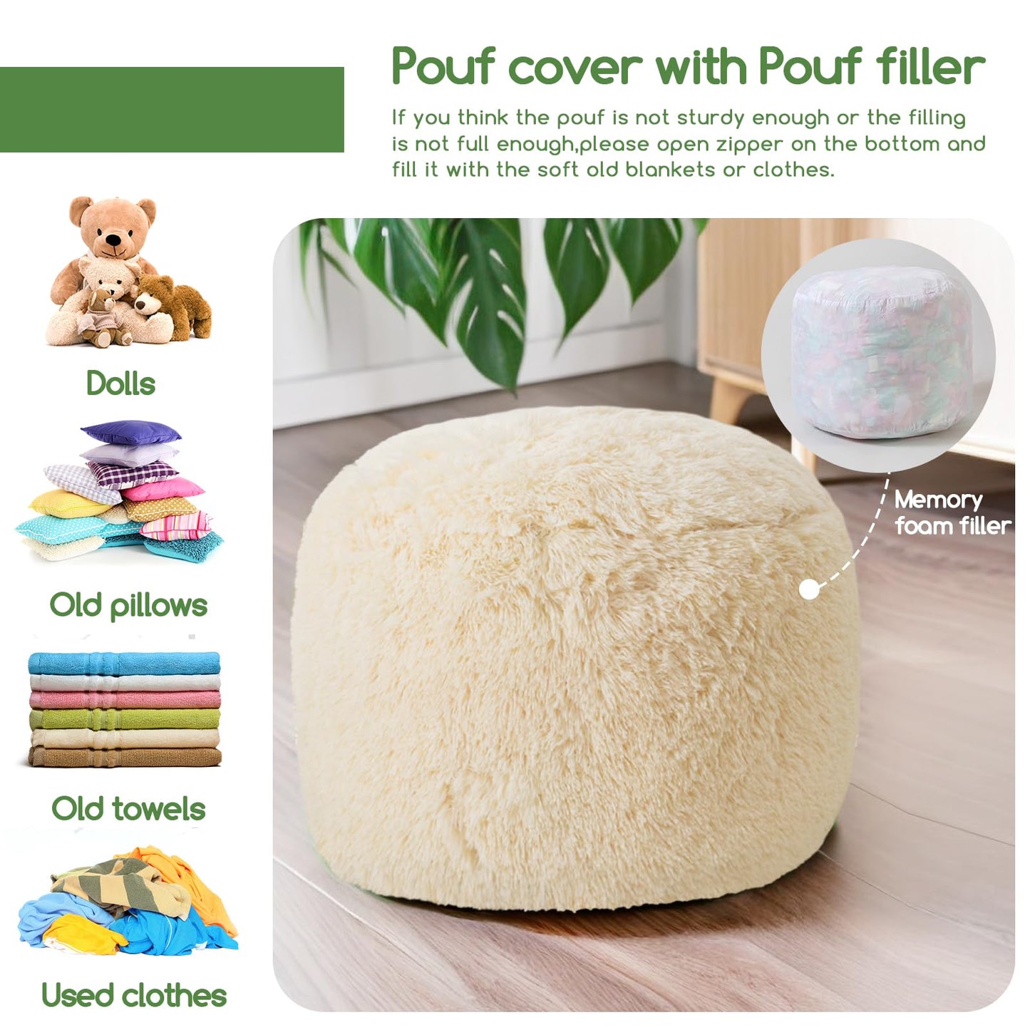 HIGOGOGO Faux Fur Beanbags Round Footstool Bean Bag Pouf with Foam Chunk Filling, 50 x 35 cm Floor Poufs Foot Rest for Living Room, Beige