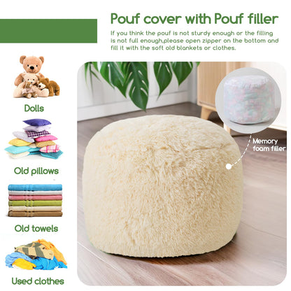 HIGOGOGO Faux Fur Beanbags Round Footstool Bean Bag Pouf with Foam Chunk Filling, 50 x 35 cm Floor Poufs Foot Rest for Living Room, Beige