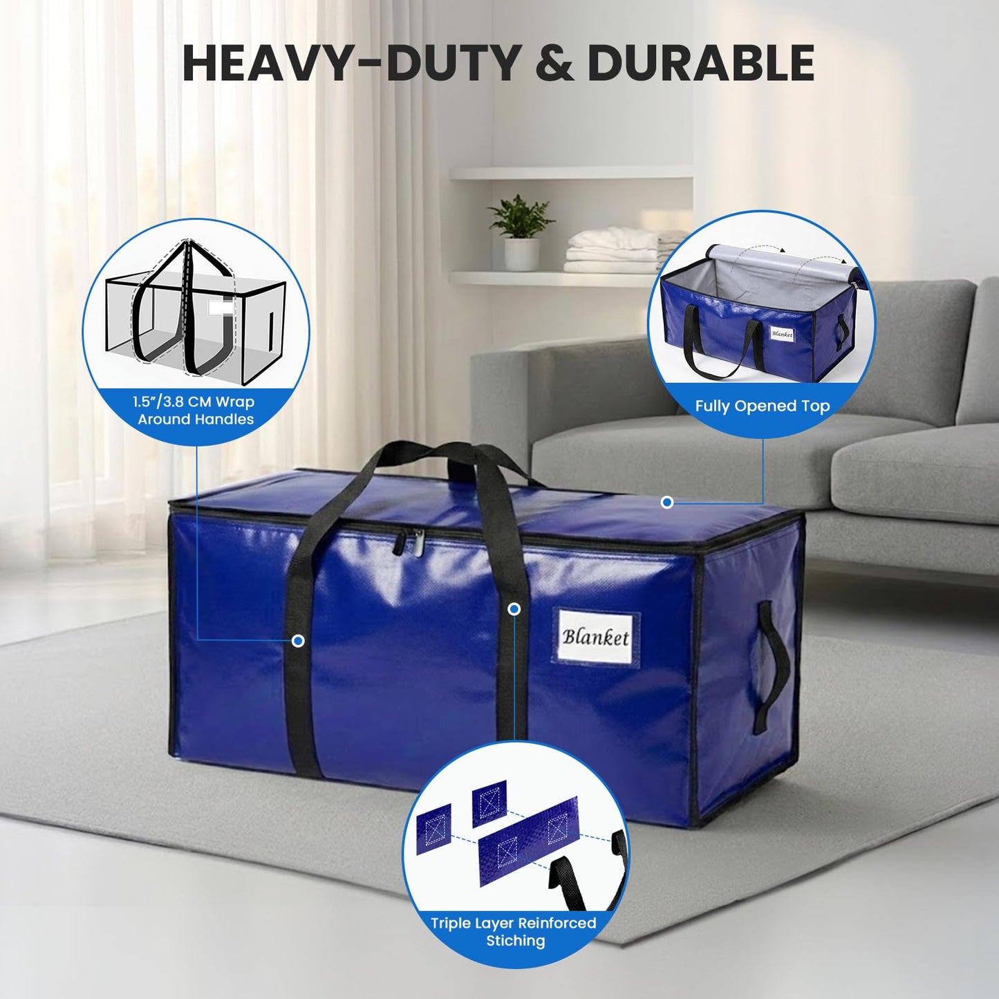 RICHER HOUSE 90L Heavy Duty Moving Boxes, Clothes Storage Bags, 6 Pack,Blue